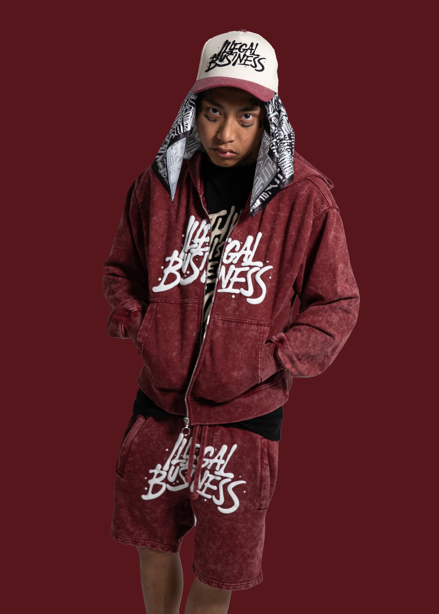 Illegal Business Logo SET Acid Hoodie & Acid Shorts - Burgundy Set