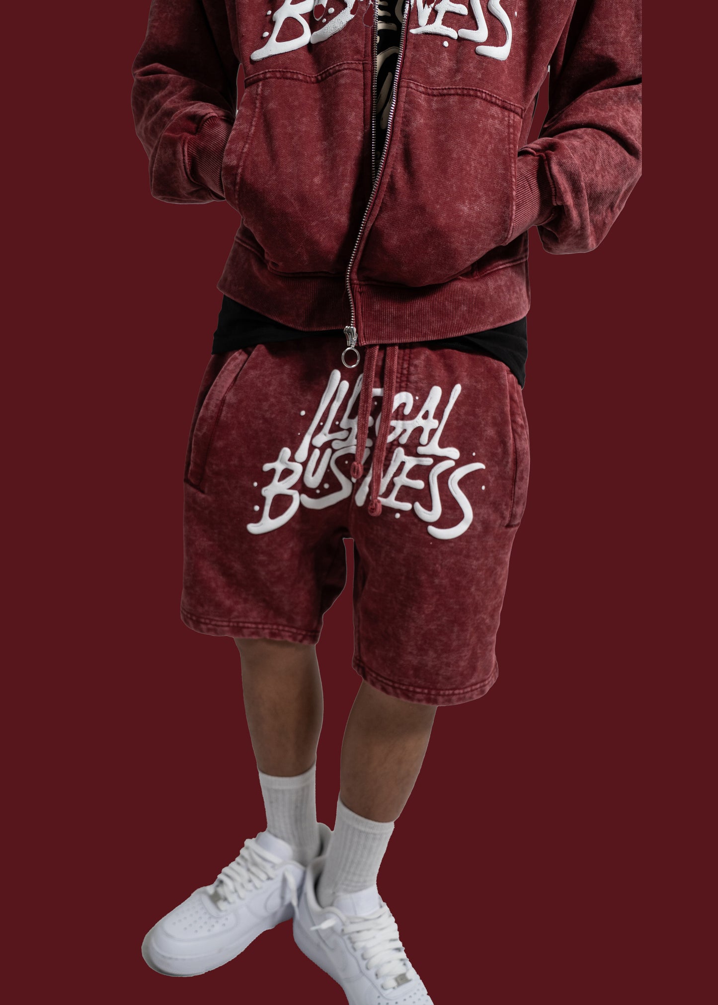 Illegal Business Logo SET Acid Hoodie & Acid Shorts - Burgundy Set