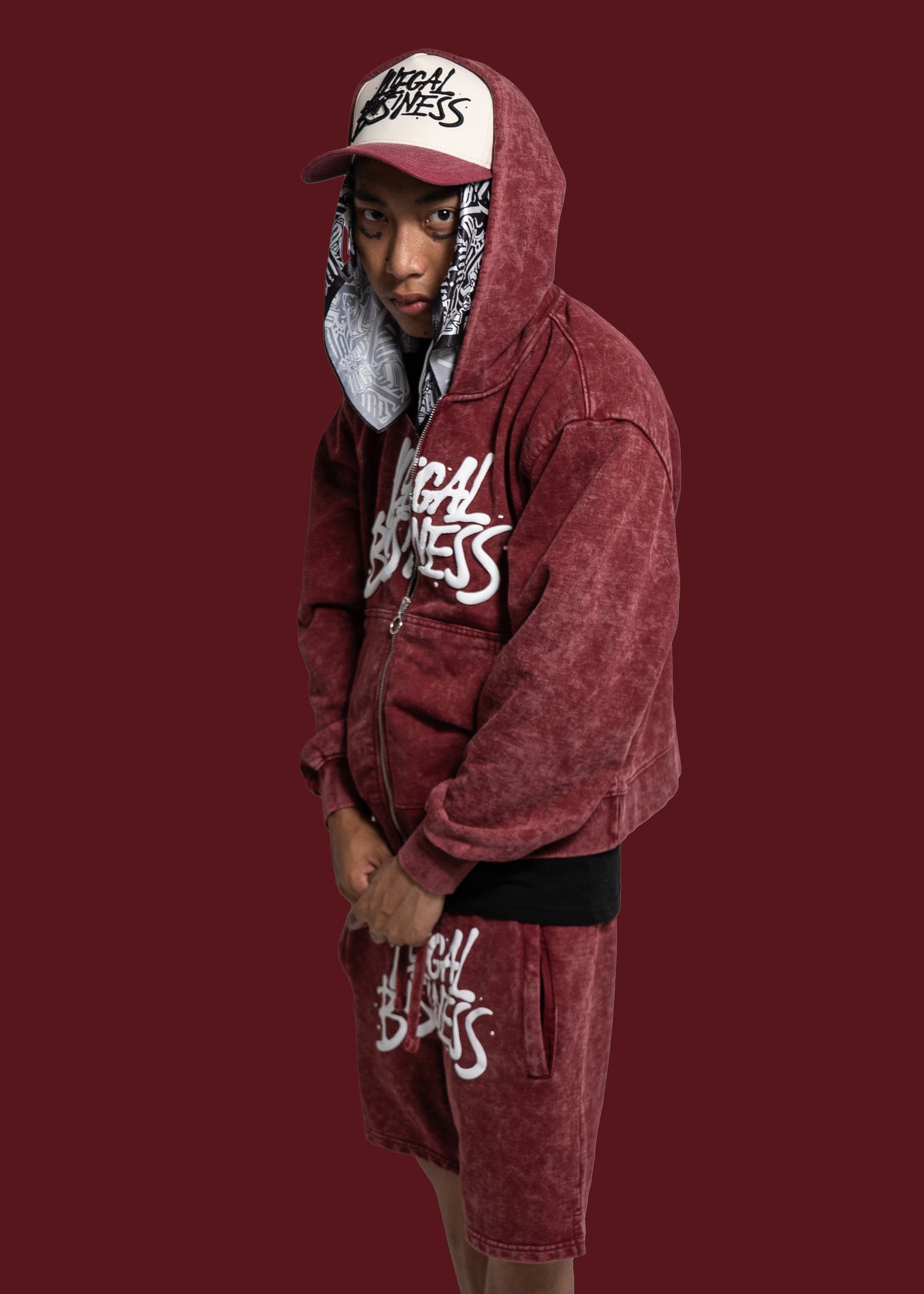 Illegal Business Logo SET Acid Hoodie & Acid Shorts - Burgundy Set