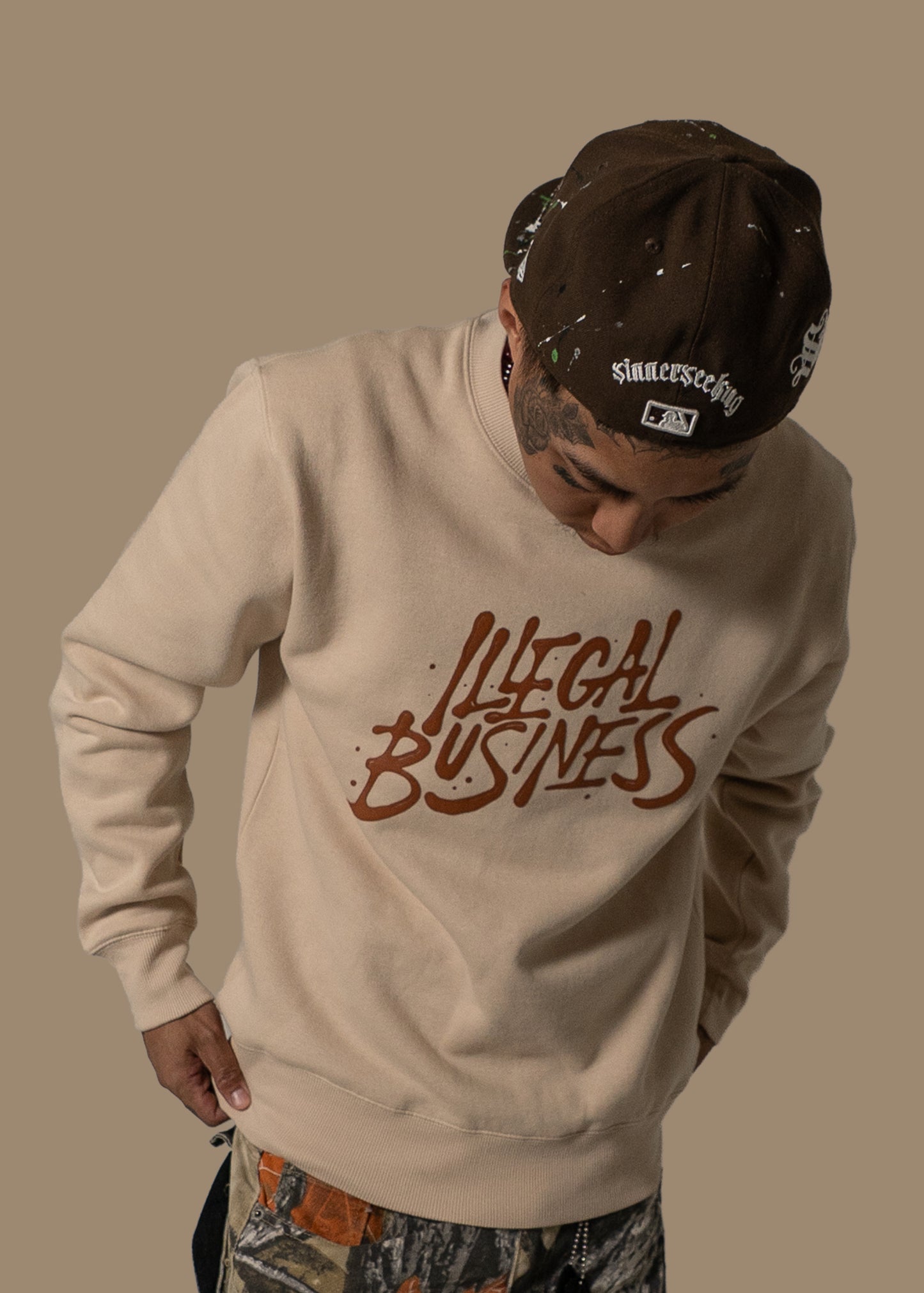 The Illegal Business Logo Crewneck Sweatshirt - Cream/Brown