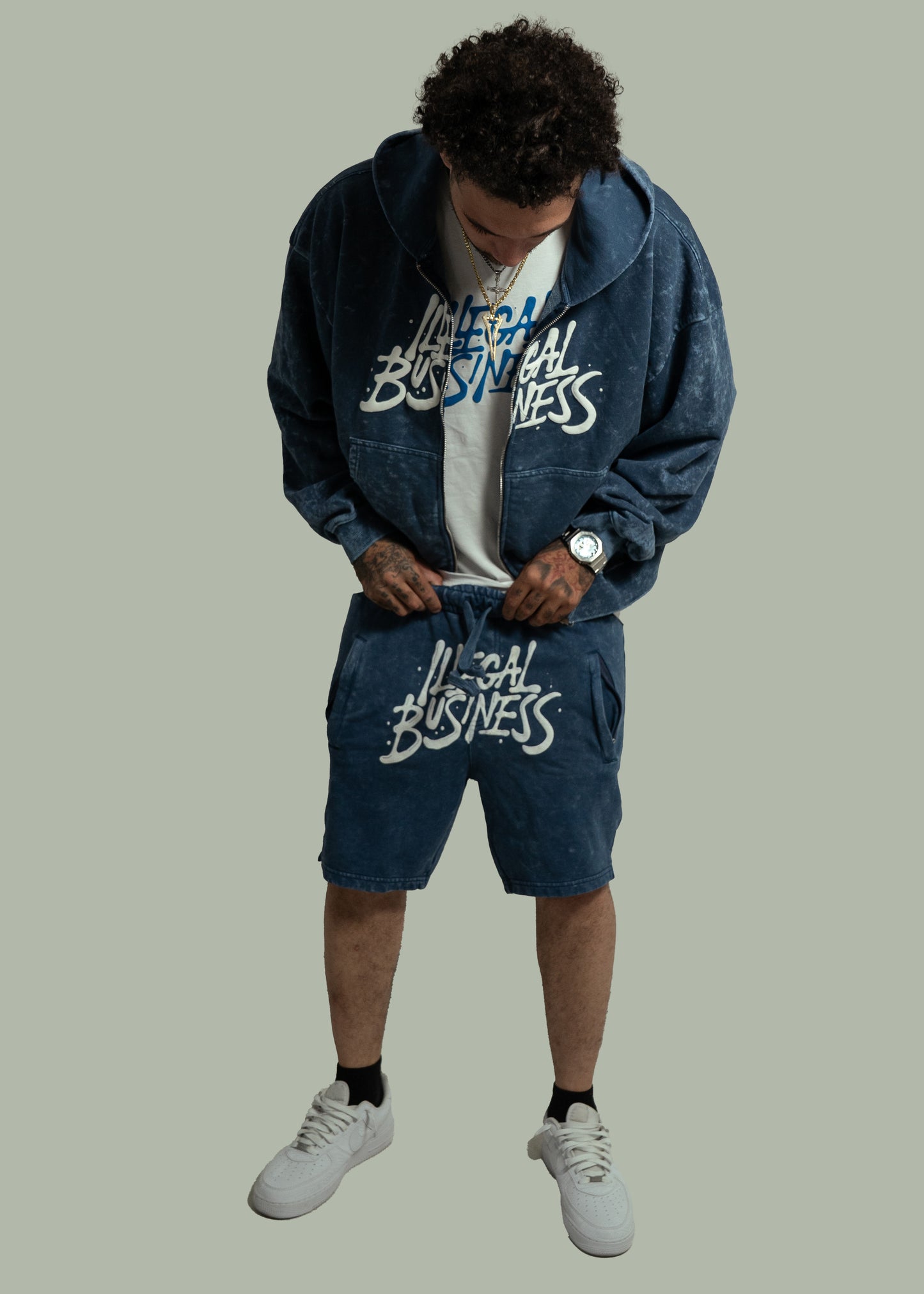 Illegal Business Logo SET Acid Hoodie & Acid Shorts - Blue/White