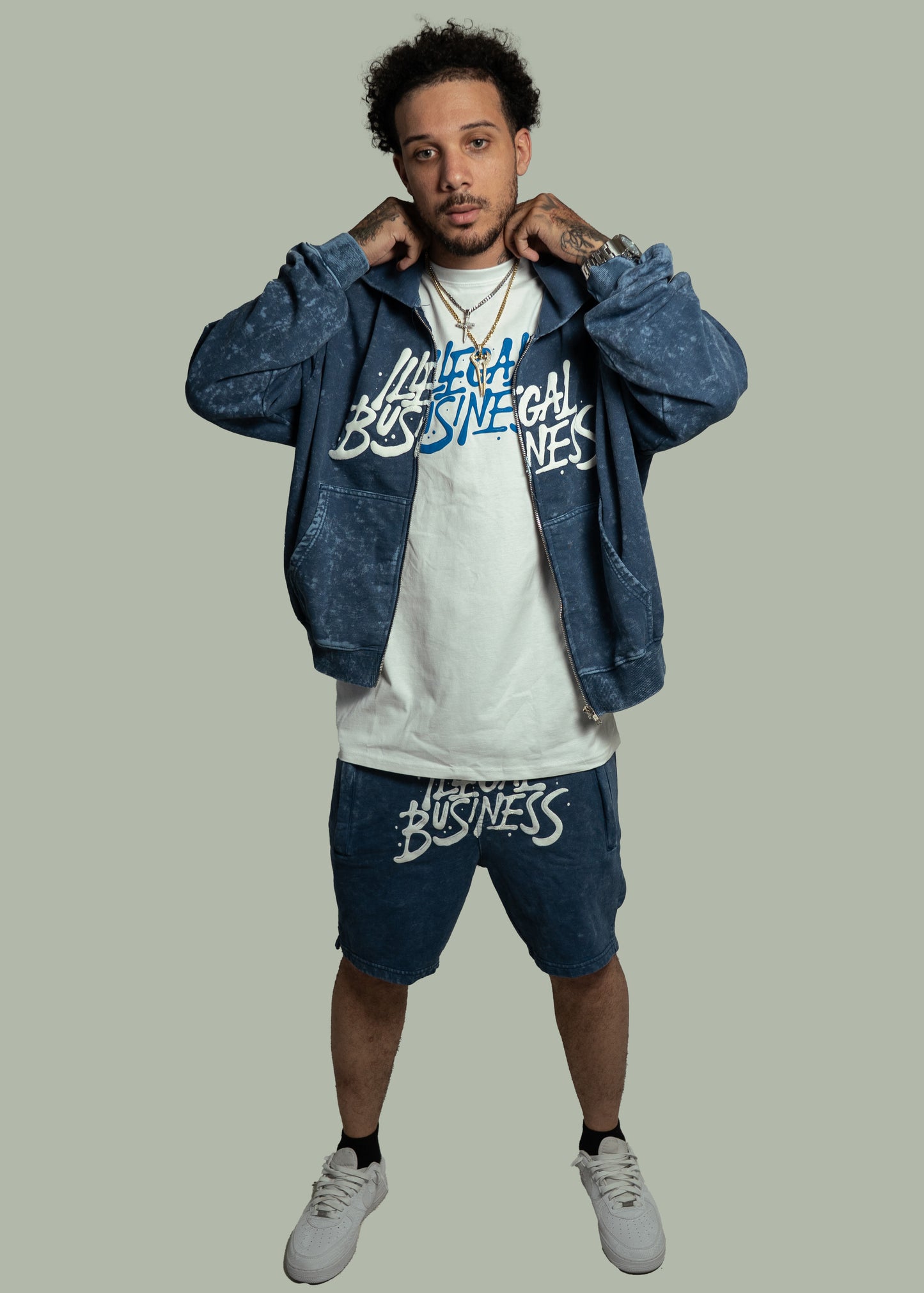 Illegal Business Logo SET Acid Hoodie & Acid Shorts - Blue/White