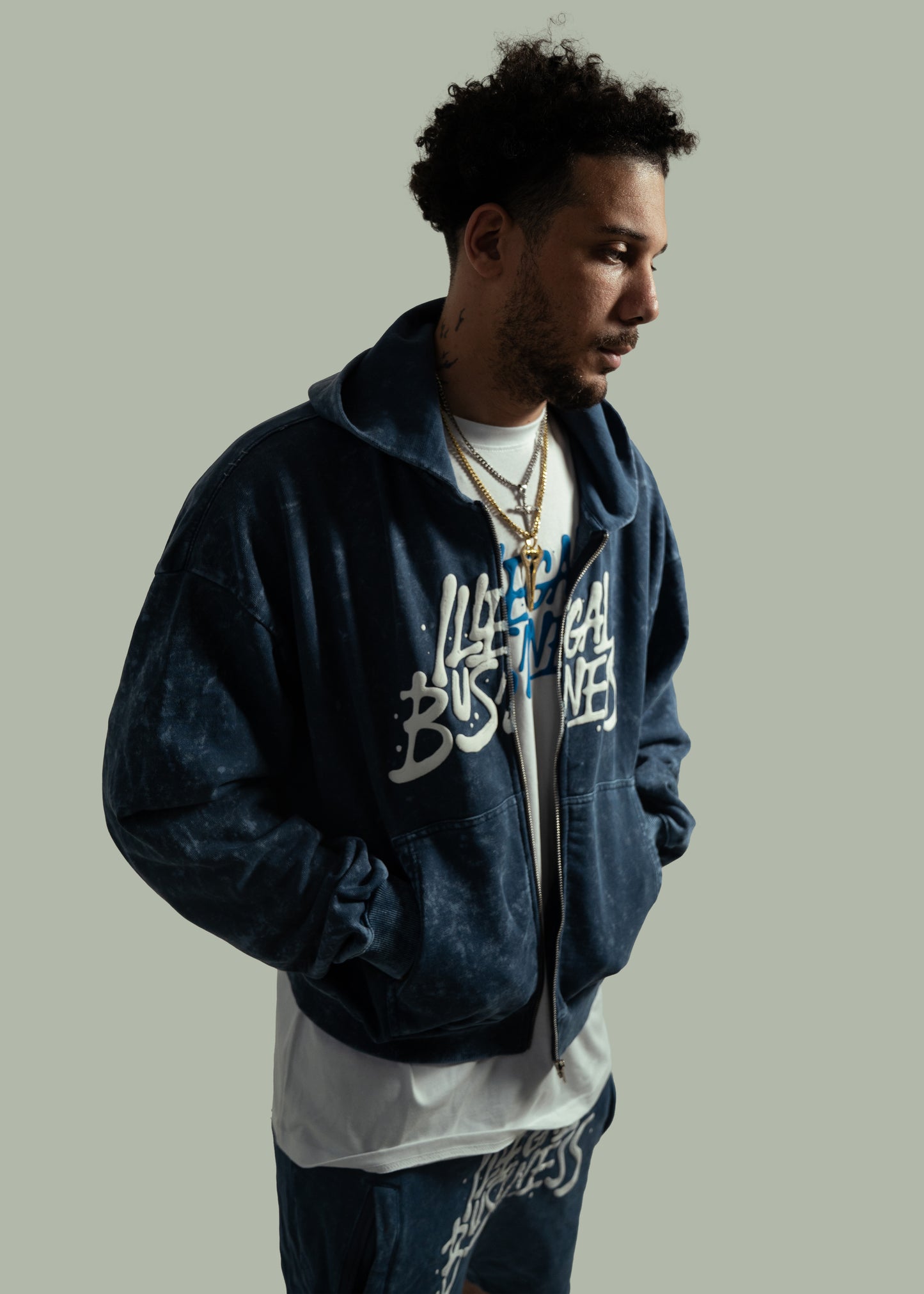 Illegal Business Logo SET Acid Hoodie & Acid Shorts - Blue/White