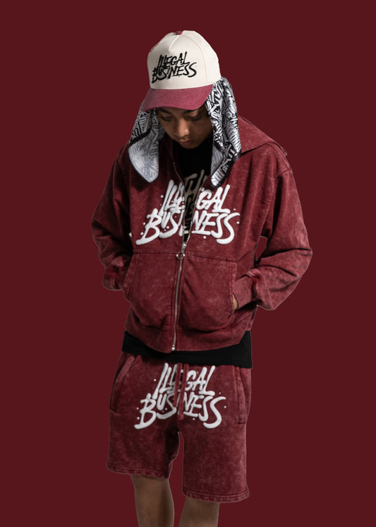 Illegal Business Logo SET Acid Hoodie & Acid Shorts - Burgundy Set