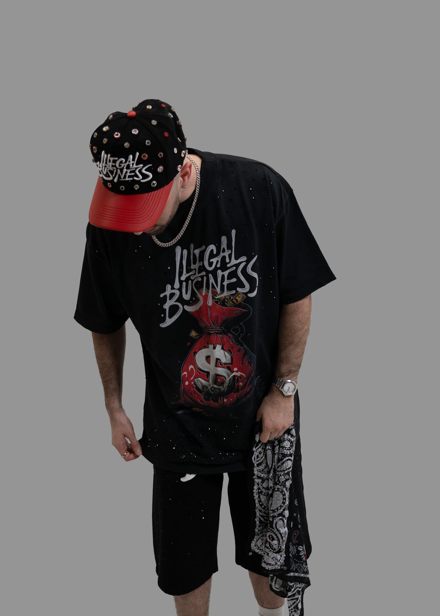 Illegal Business Oversized Rhinestone "Spill the Bag" Tee
