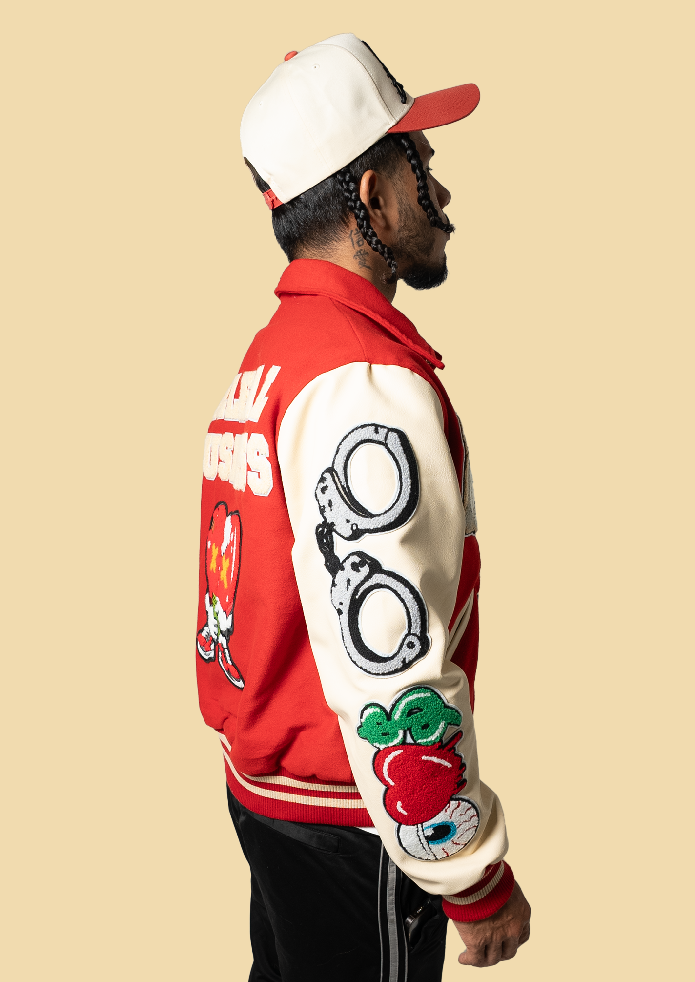 Illegal Red/Cream Cropped Fit Collard Varsity Jacket