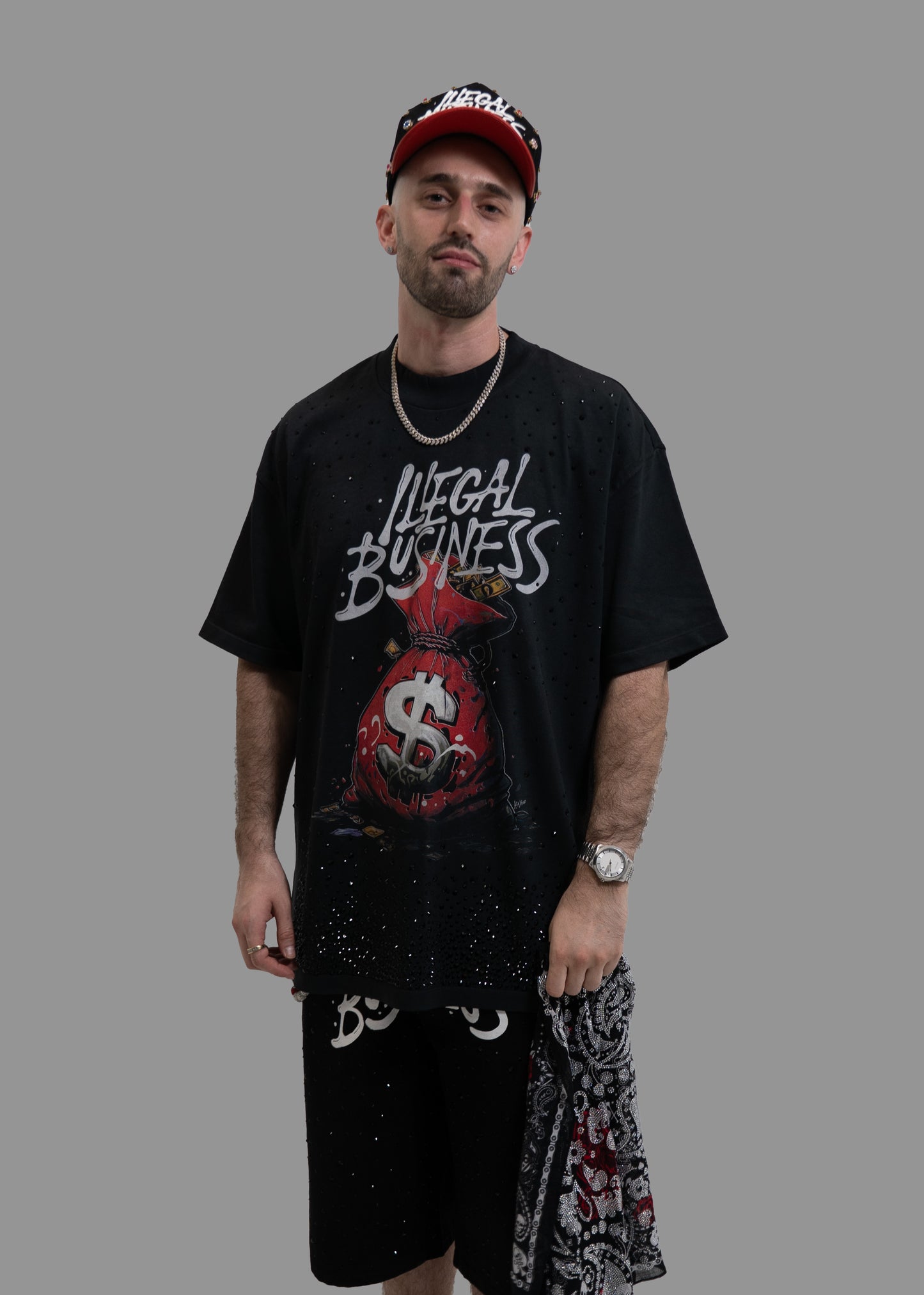 Illegal Business Oversized Rhinestone "Spill the Bag" Tee