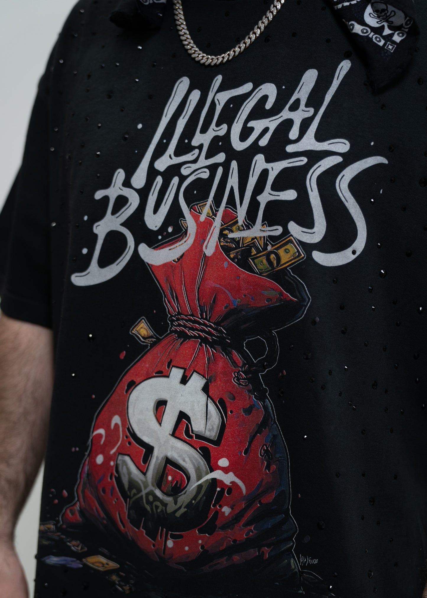 Illegal Business Oversized Rhinestone "Spill the Bag" Tee
