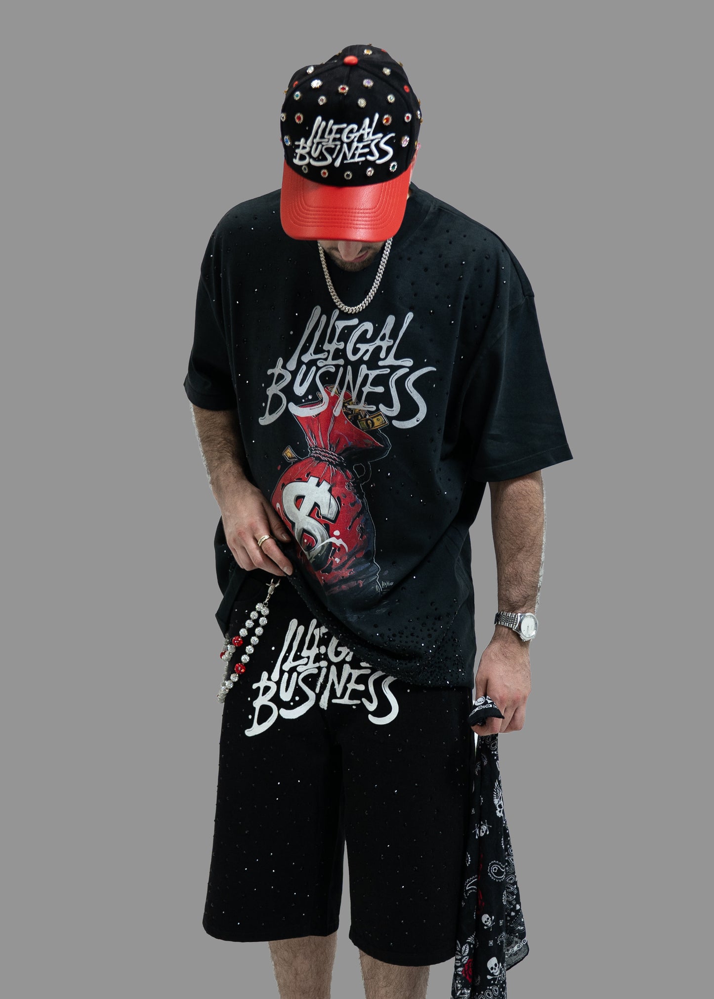 Illegal Business Oversized Rhinestone "Spill the Bag" Tee