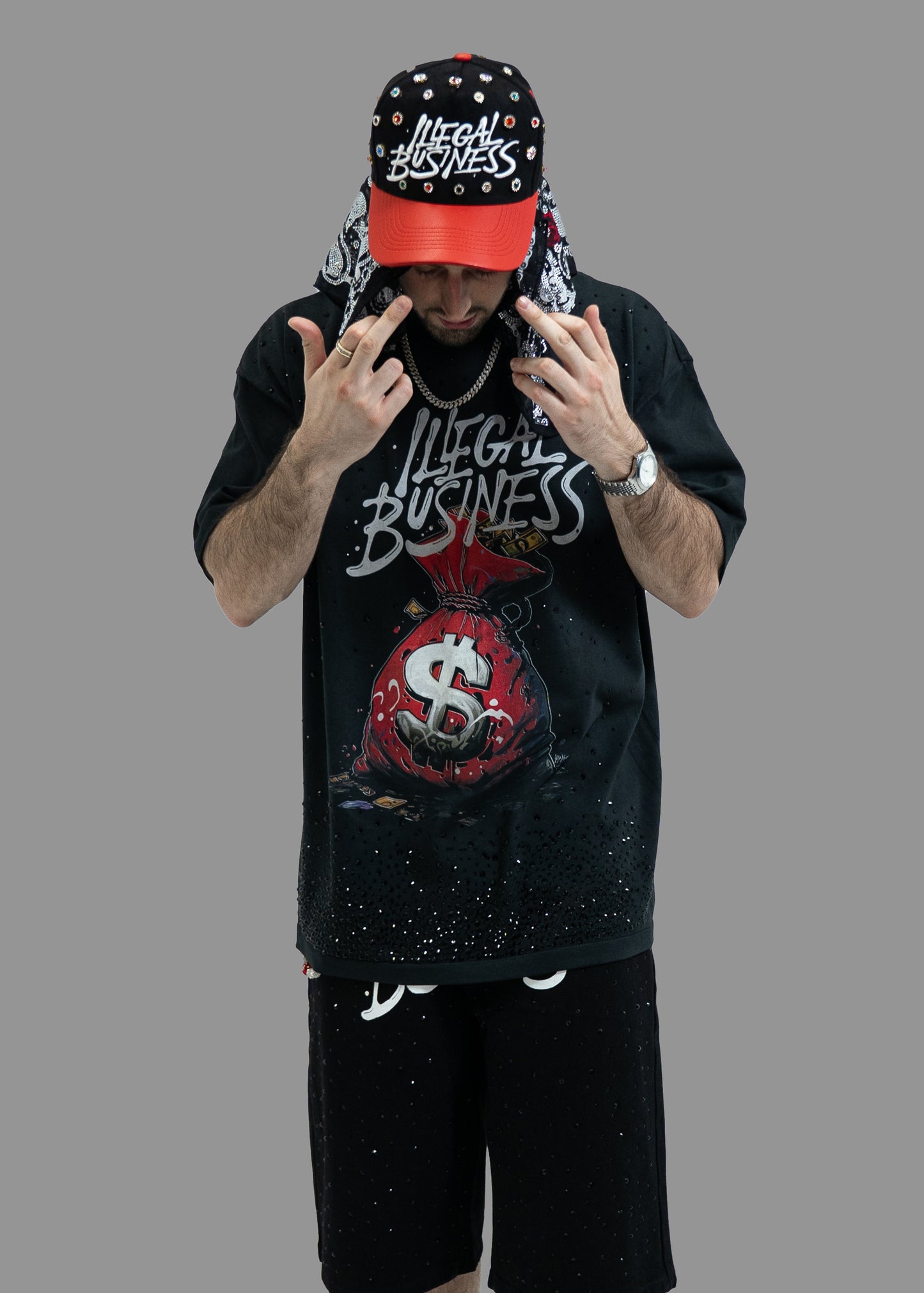 Illegal Business Oversized Rhinestone "Spill the Bag" Tee