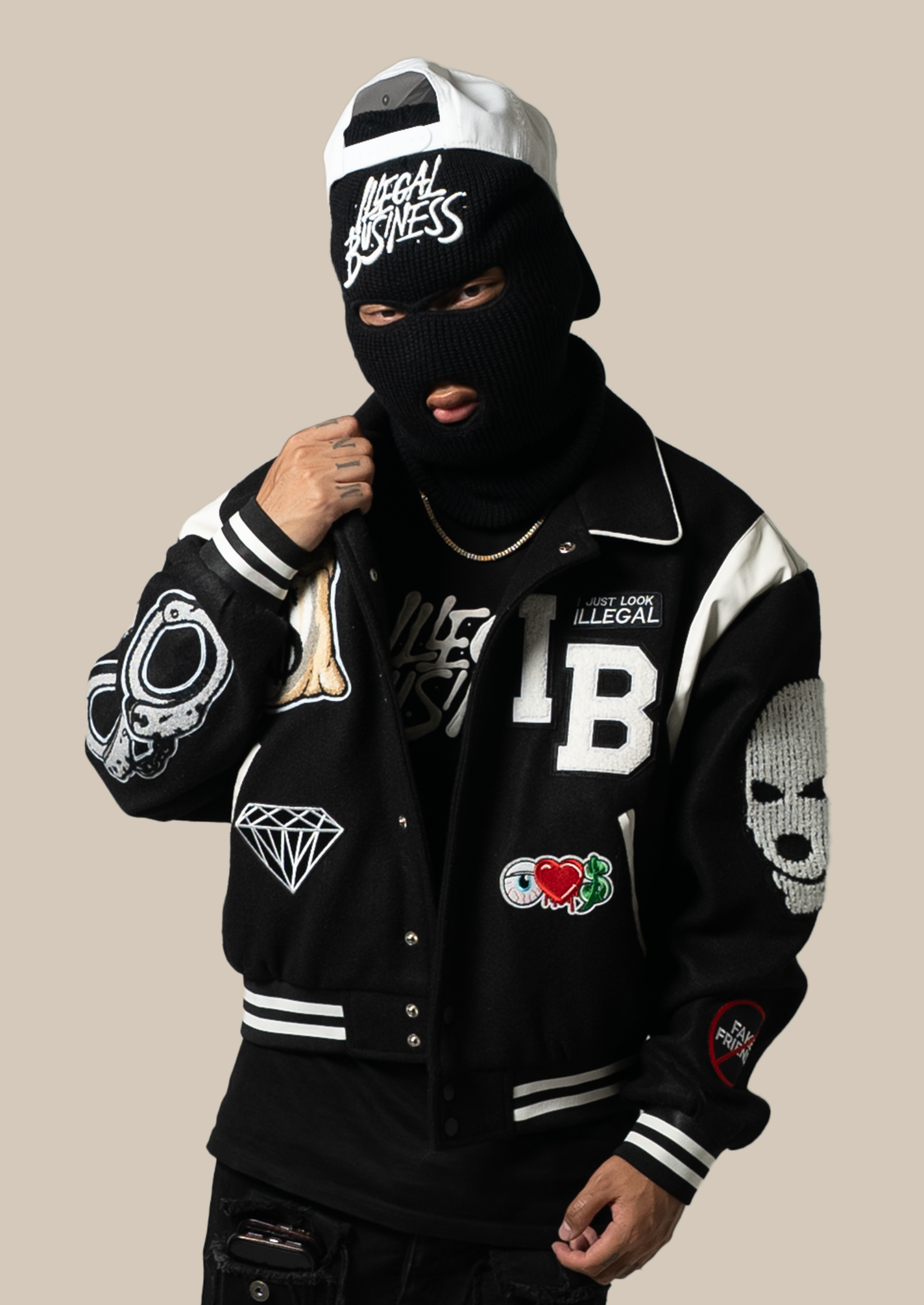 Illegal Cropped Fit Collard Varsity Jacket Black/White