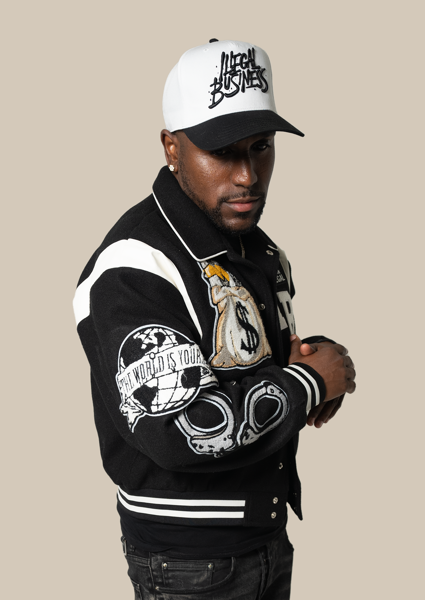 Illegal Cropped Fit Collard Varsity Jacket Black/White