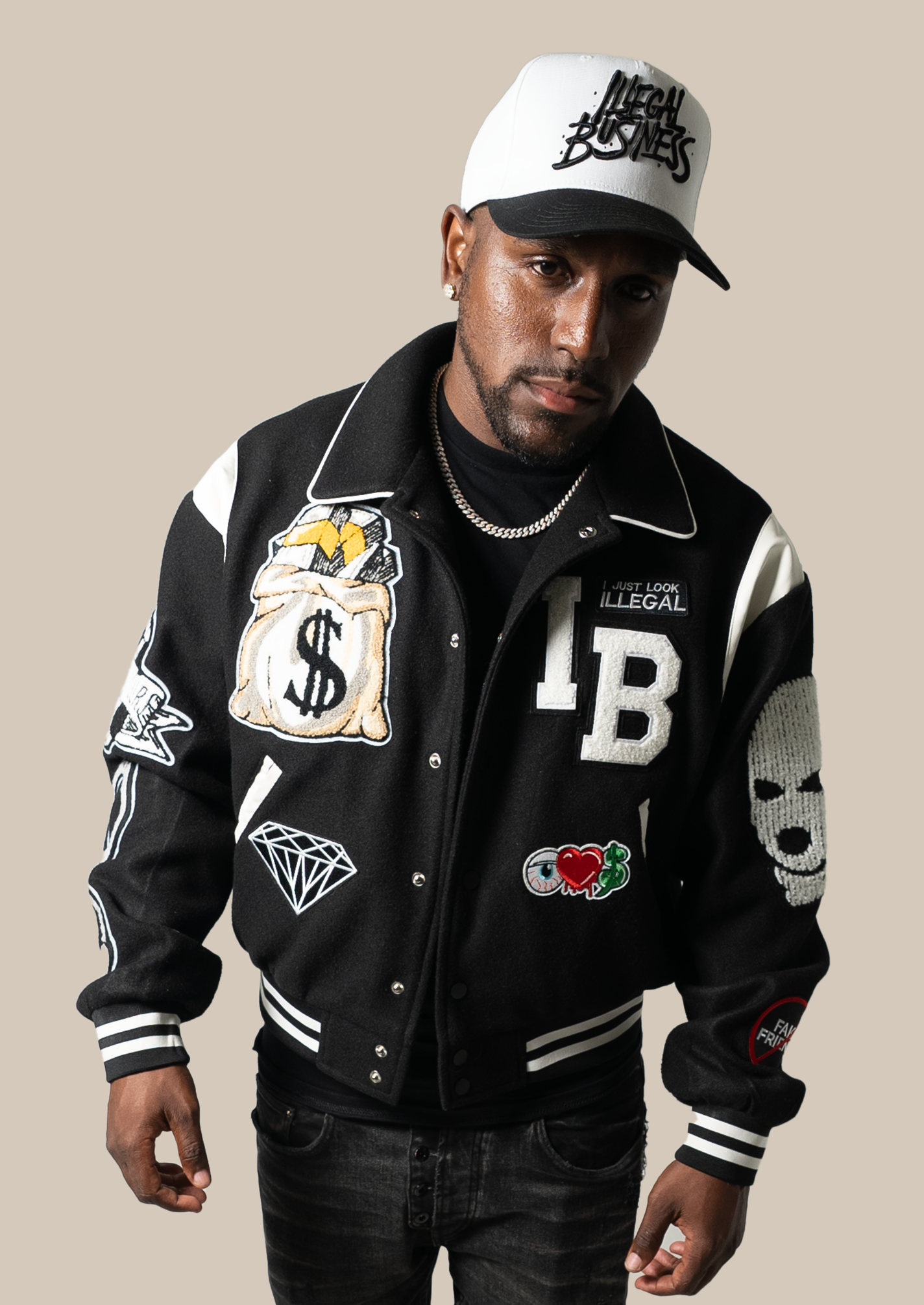 Illegal Cropped Fit Collard Varsity Jacket Black/White