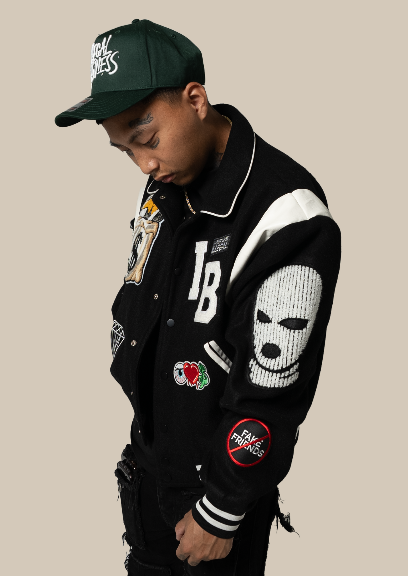 Illegal Cropped Fit Collard Varsity Jacket Black/White