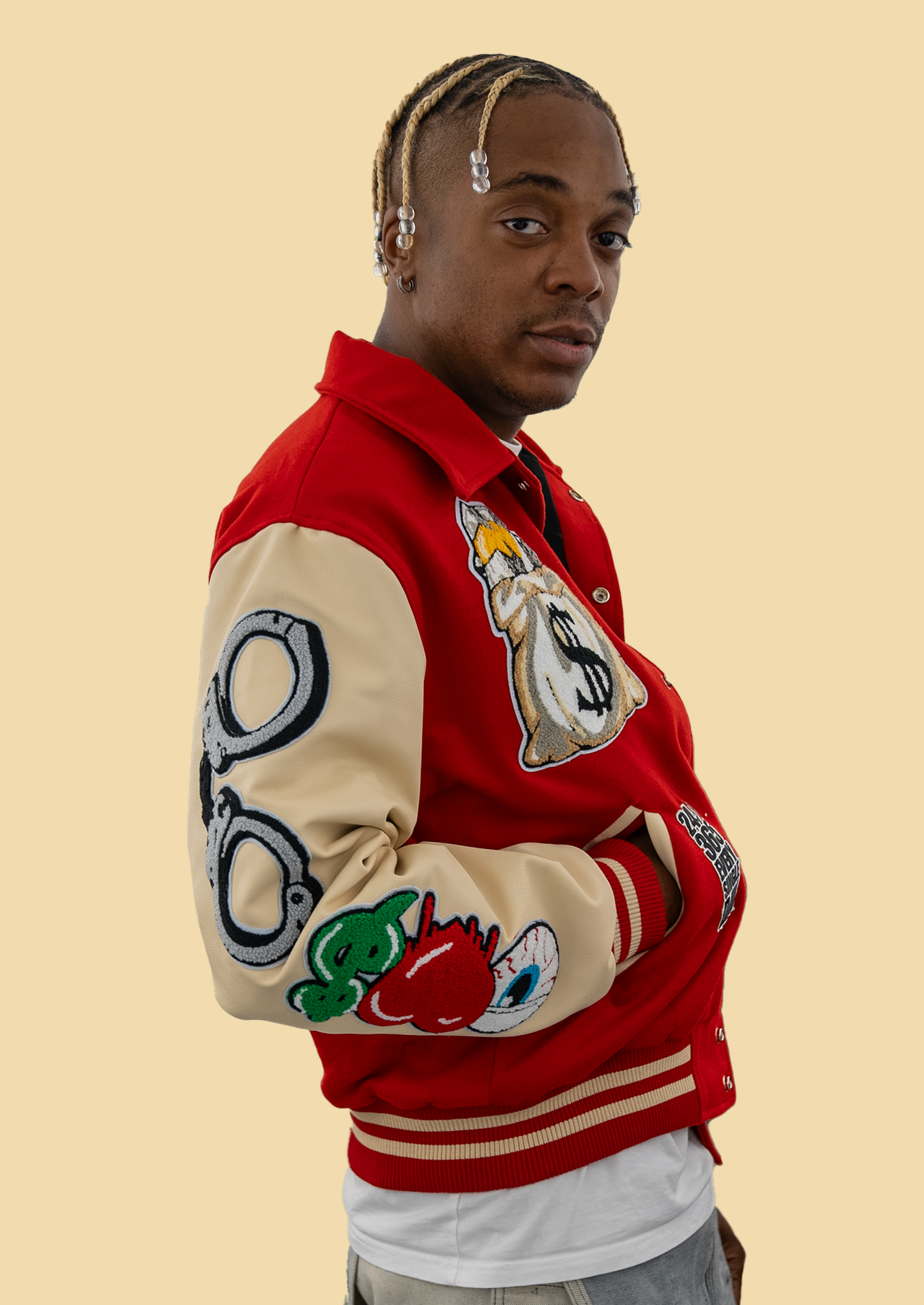 Illegal Red/Cream Cropped Fit Collard Varsity Jacket