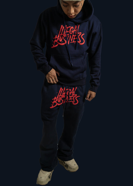 Illegal Business Logo SET Hoodie & Stacked Sweats  - Navy/Red