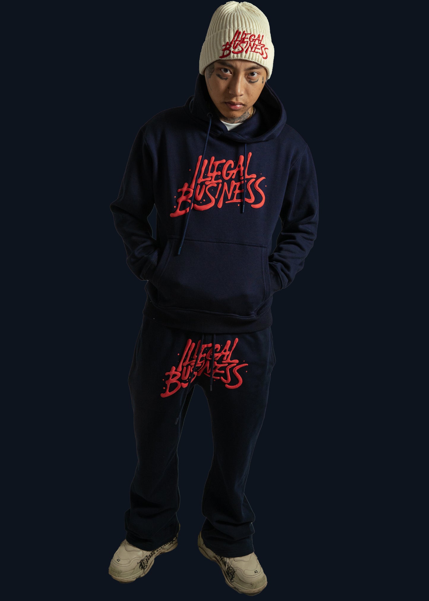 Illegal Business Logo SET Hoodie & Stacked Sweats  - Navy/Red