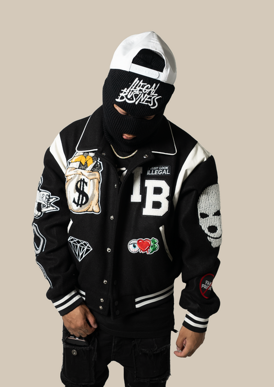 Illegal Cropped Fit Collard Varsity Jacket Black/White