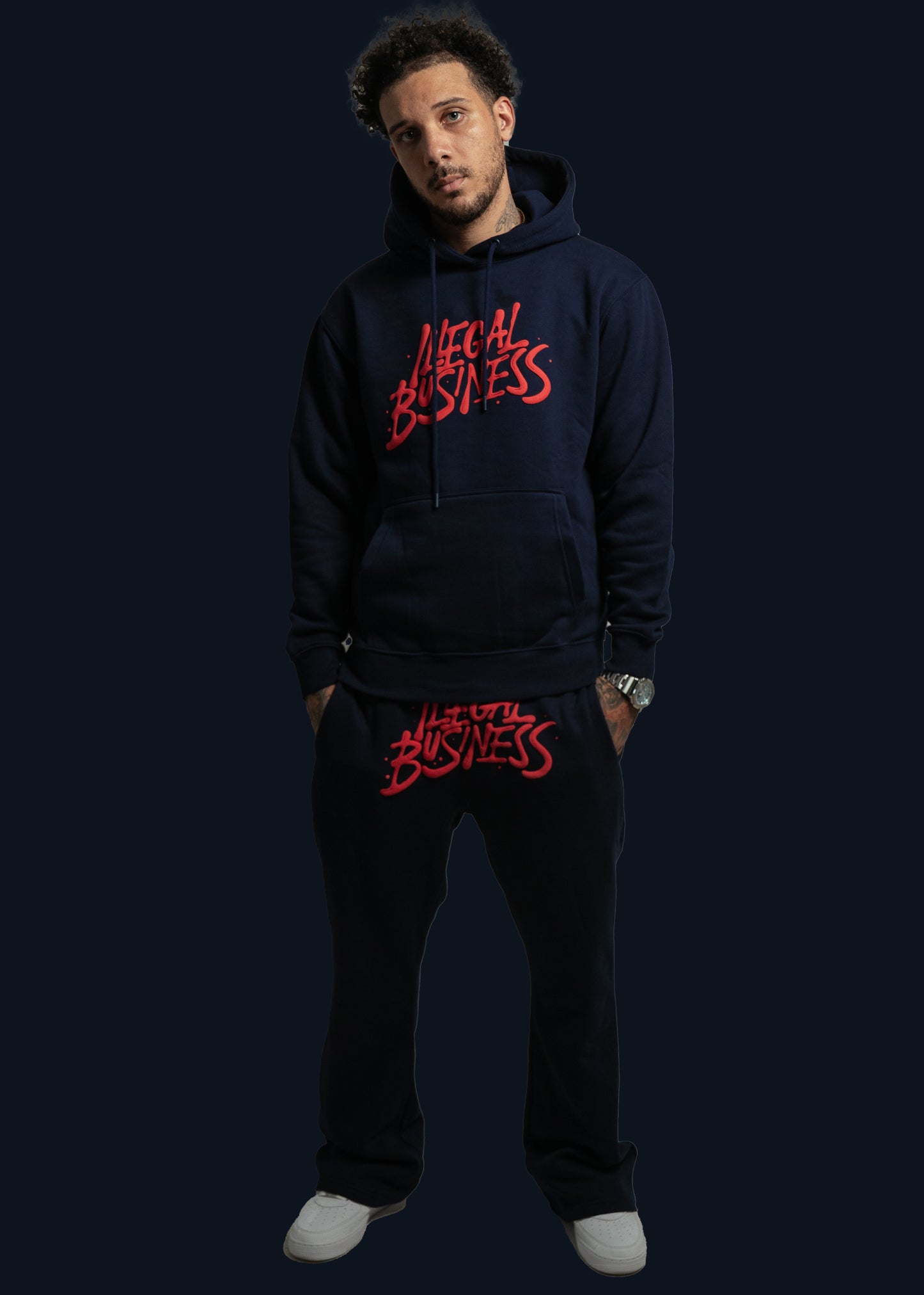 Illegal Business Logo SET Hoodie & Stacked Sweats  - Navy/Red