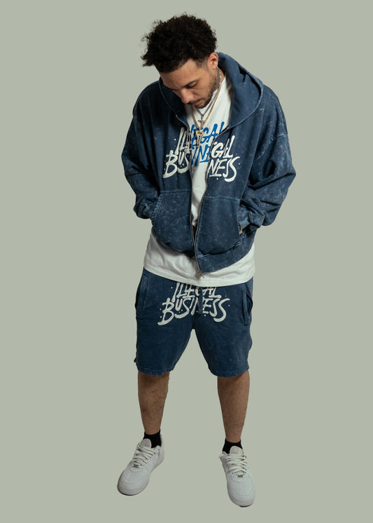 Illegal Business Logo SET Acid Hoodie & Acid Shorts - Blue/White