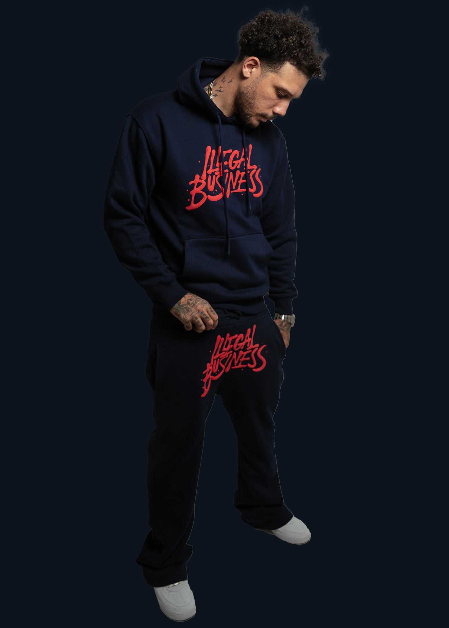 Illegal Business Logo SET Hoodie & Stacked Sweats  - Navy/Red