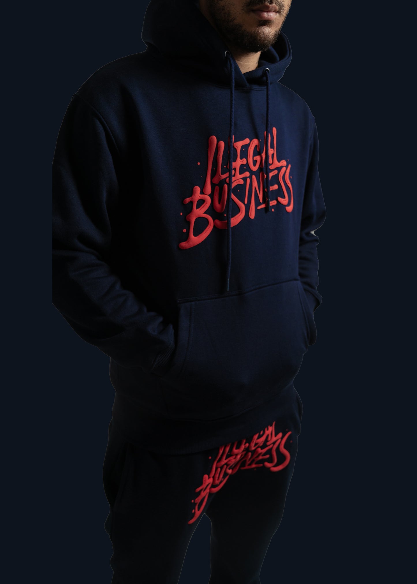 Illegal Business Logo SET Hoodie & Stacked Sweats  - Navy/Red